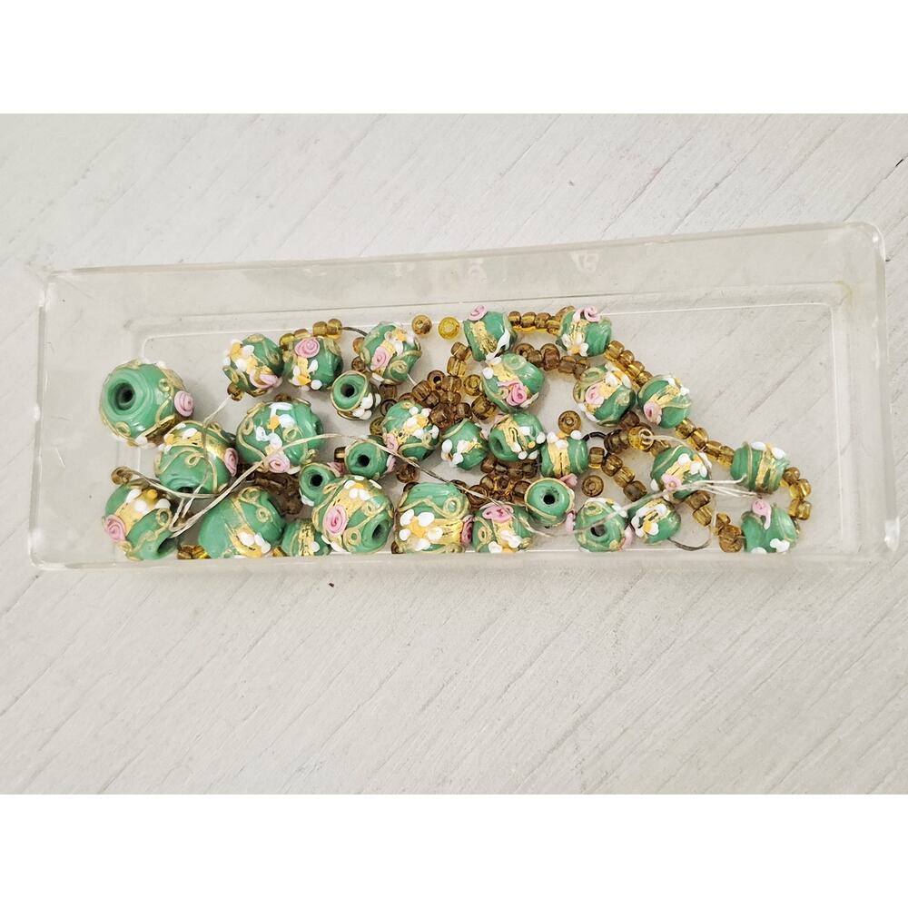 Vintage Light Green and Pink Hand Painted Italian Lamp work Beads